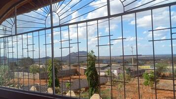 A view through a window with metal bars, featuring a landscape with buildings, trees, and a clear sky.