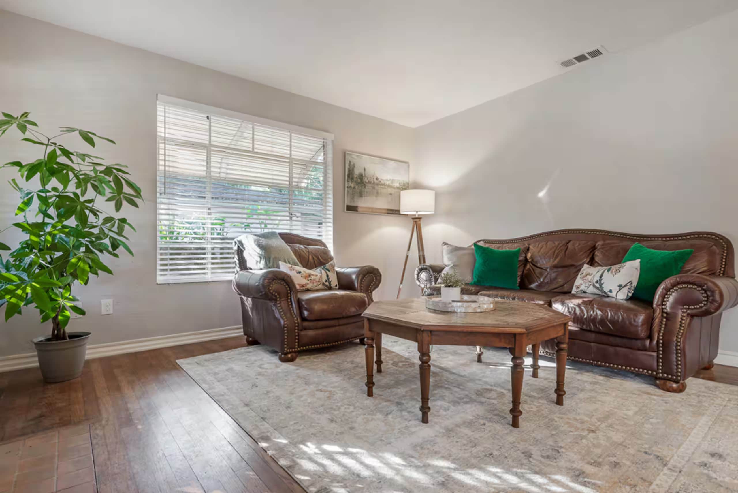 Un salon avec un canapé en cuir marron, un fauteuil assorti, une table basse et une plante en pot.