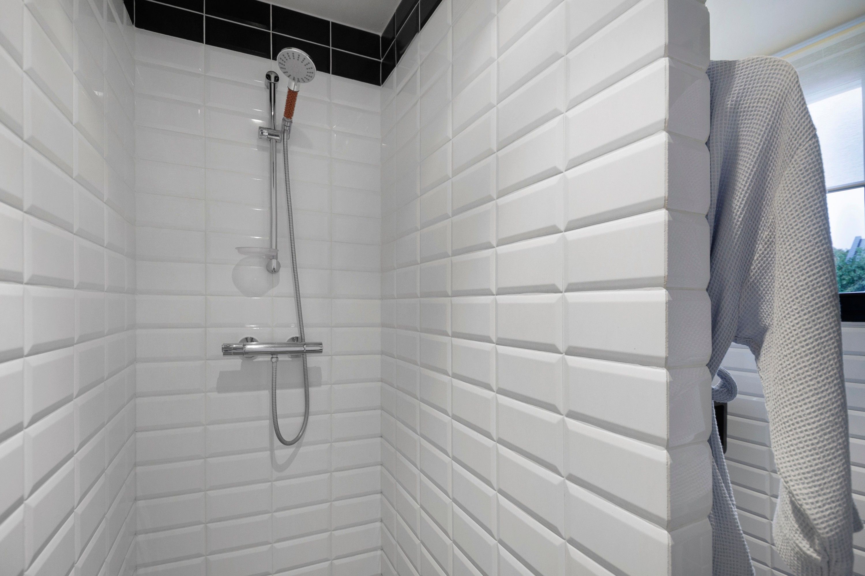 Une douche équipée d’un pommeau de douche à main et d’un flexible de douche.