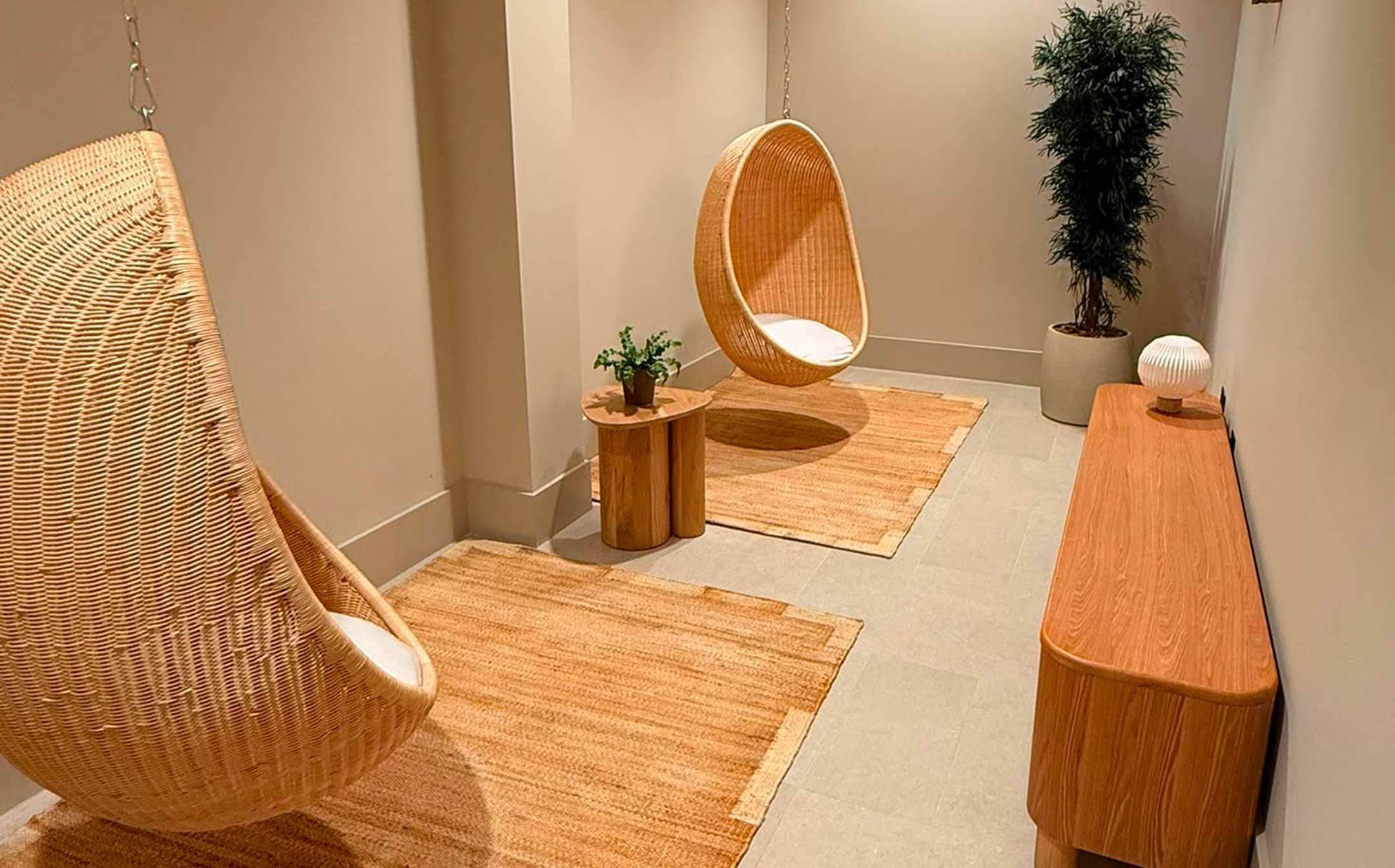 A modern interior with two hanging chairs, a wooden side table, a potted plant, and a rug.