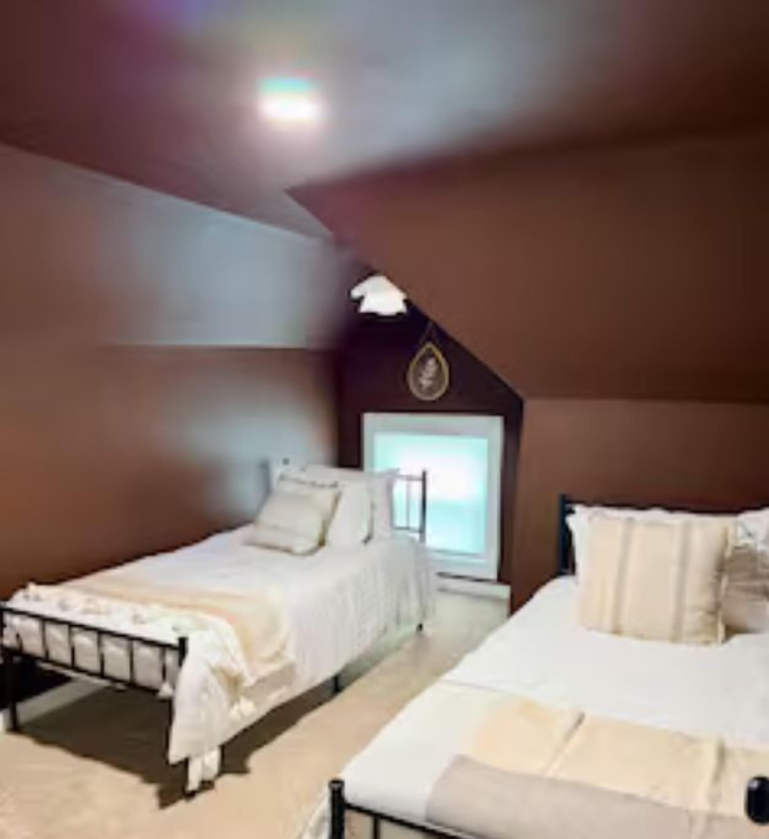 A bedroom with two beds, a window, and a ceiling light fixture.