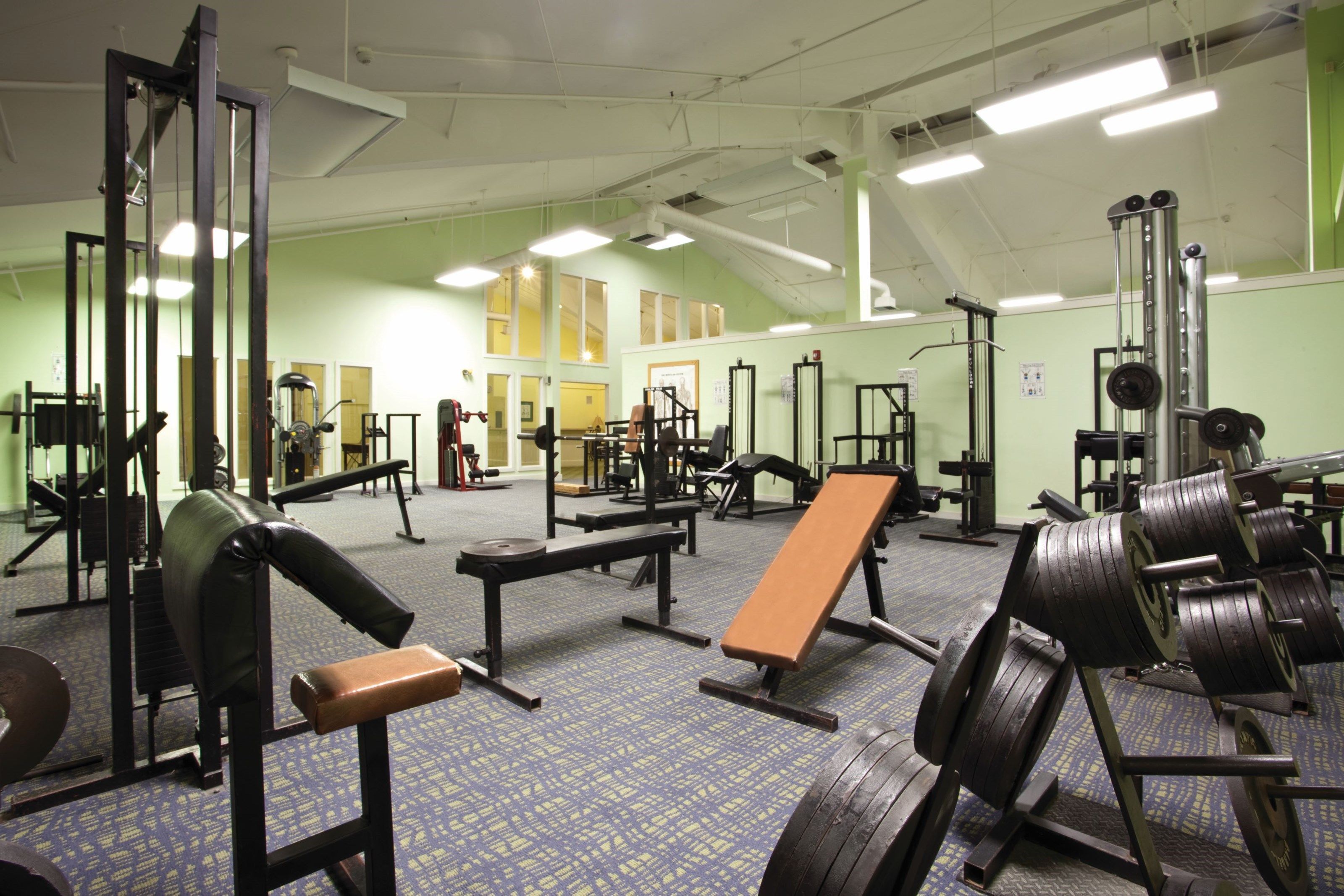 A gym with various exercise equipment, including benches and weight machines.