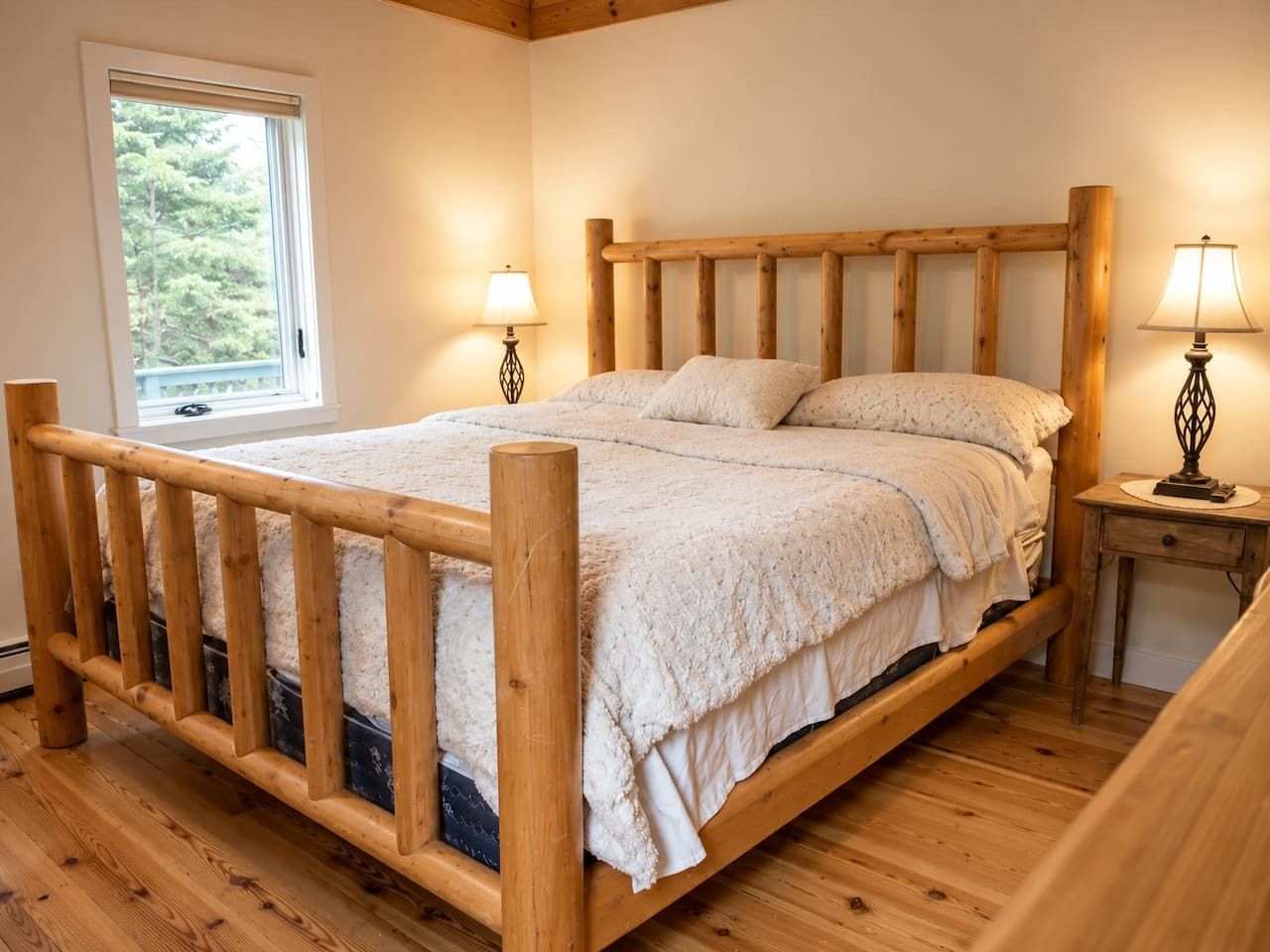 Un lit en bois avec une tête de lit, deux tables de chevet avec des lampes et une fenêtre donnant sur des arbres.