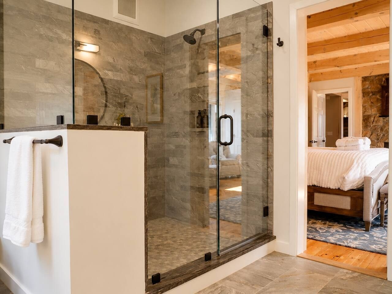 Un baño moderno con ducha envuelta en vidrio, un lavabo blanco y una habitación visible con cama y suelo de madera.