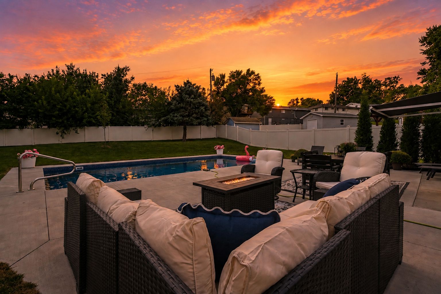 A backyard with a swimming pool, outdoor furniture, and a sunset view.