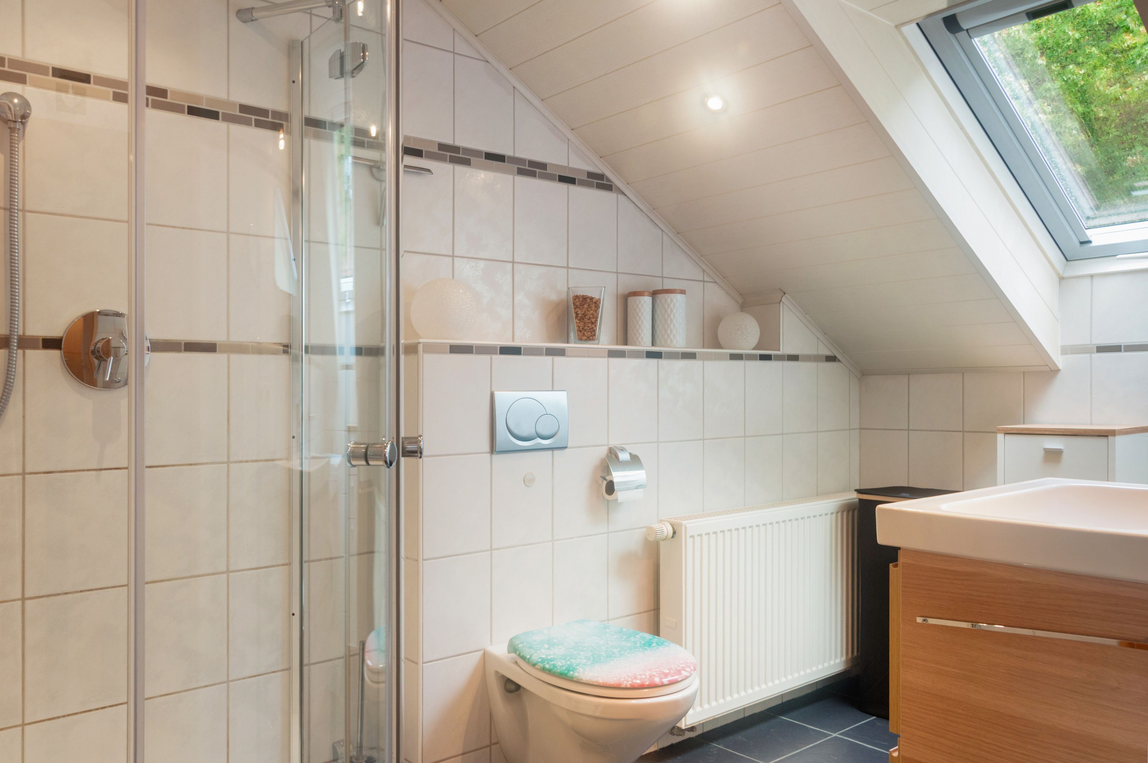 Shower, hair dryer, towels
