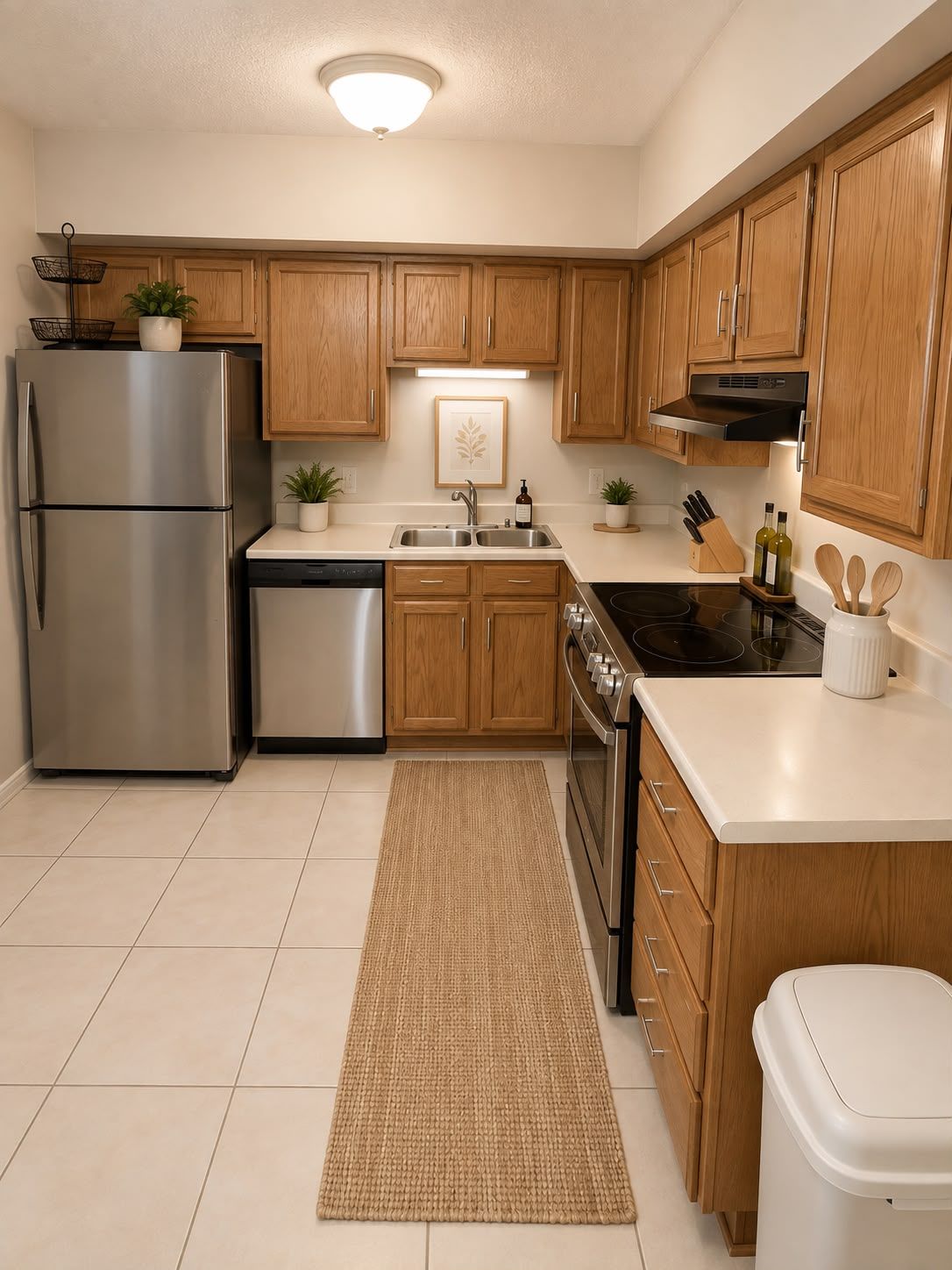 A modern kitchen with stainless steel appliances, wooden cabinets, a tiled floor, and a kitchen island.