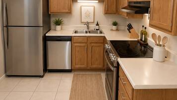 A modern kitchen with stainless steel appliances, wooden cabinets, a tiled floor, and a kitchen island.