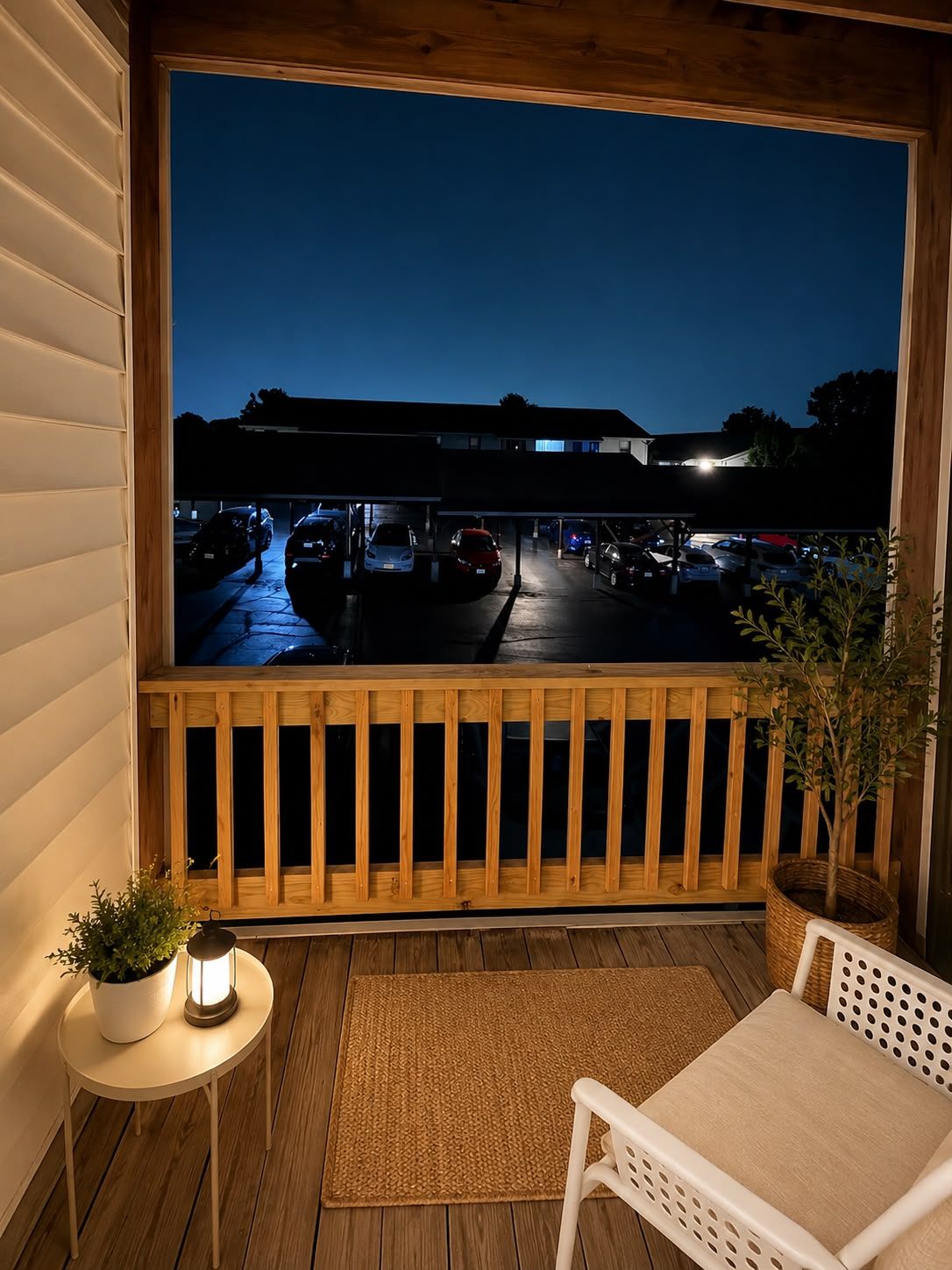 En træterrasse med udsigt over en parkeringsplads i skumringen.