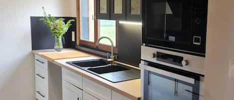 Een moderne keuken met een spoelbak, een raam en inbouwapparatuur.