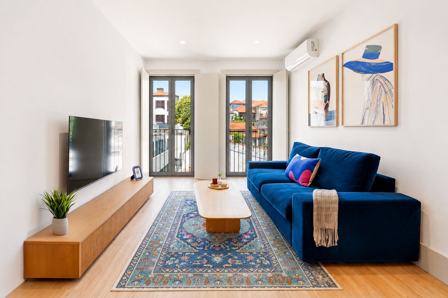 Una sala de estar moderna con un televisor grande, un sofá azul, una mesa de centro de madera y una alfombra estampada.