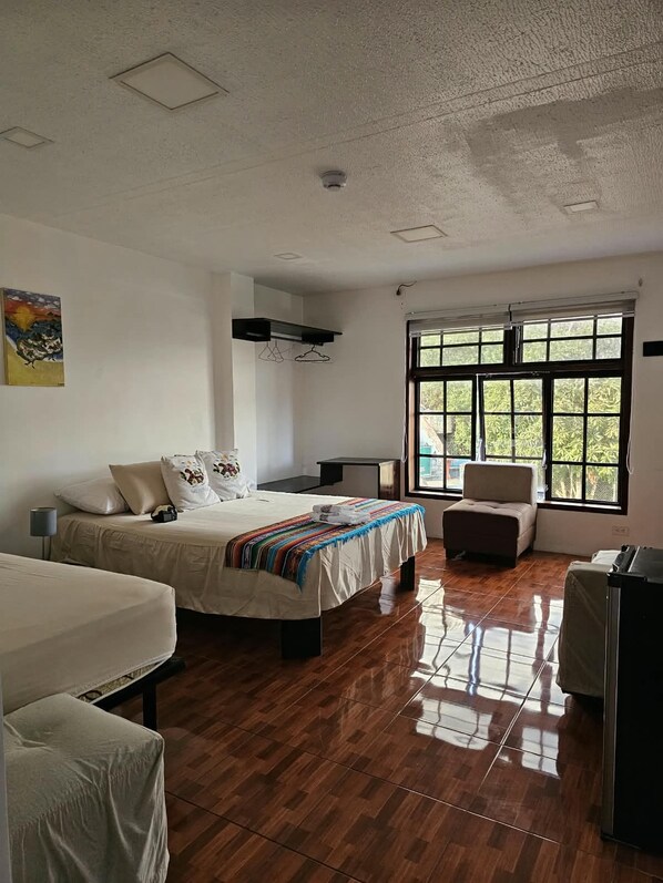 Habitación de hotel con cama, una silla, escritorio y ventana con vistas a vegetación.