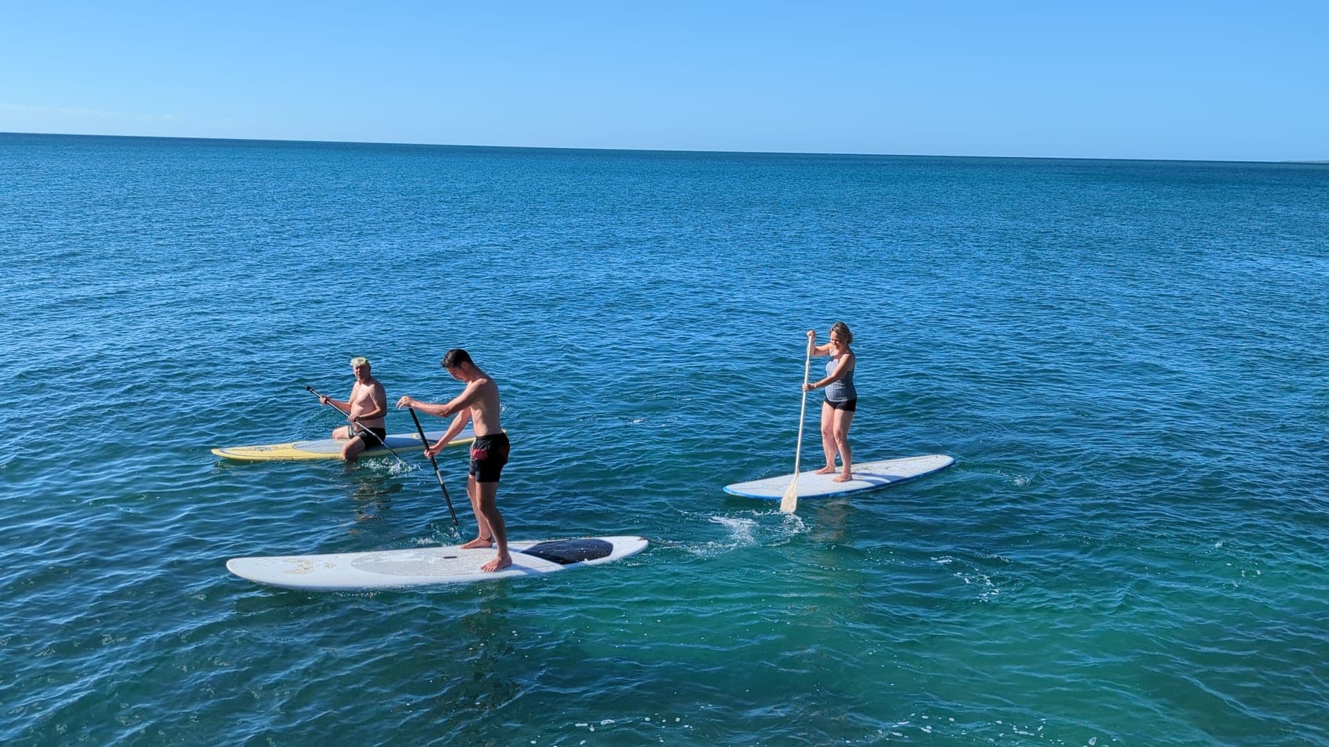 Three individuals on paddleboards in a calm sea.