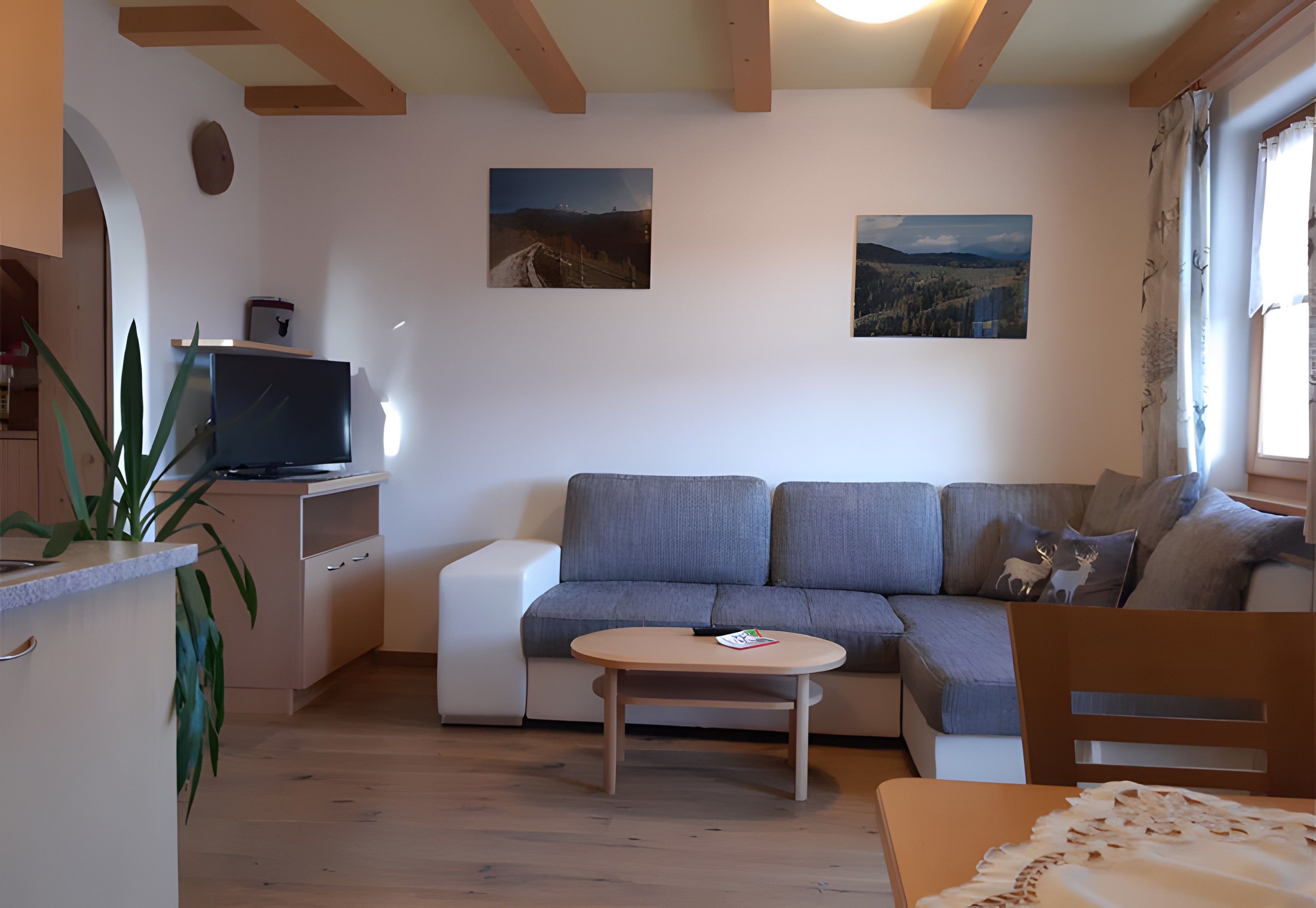 A living room with a sofa, a small table, a TV on a stand, and two wall-mounted pictures.