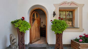 Une porte en bois dotée d’un panneau de verre, flanquée de deux grands jardinières ornées de feuillage vert et de fleurs rouges, qui donne accès à un espace intérieur.
