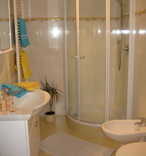 Un baño con ducha envuelta en vidrio, un lavamanos y un bidé.