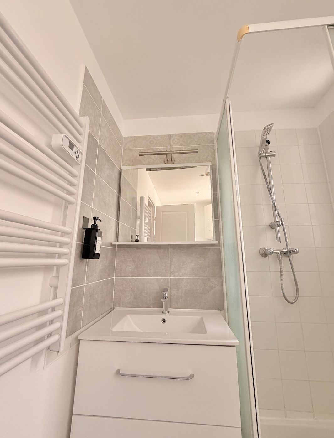 A bathroom with a white sink, a mirror, a handheld showerhead, and a towel rack.