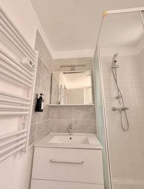 A bathroom with a white sink, a mirror, a handheld showerhead, and a towel rack. - Le BARN -> a stylish urban retreat ❤️ (Le Havre)