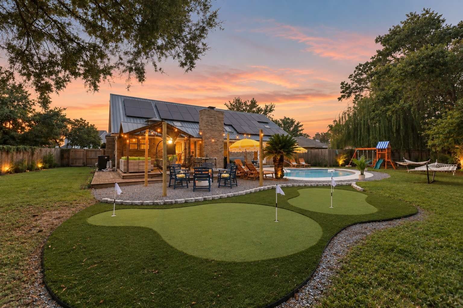 A backyard with a pool, a patio area, and a putting green.