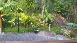 A garden with a variety of plants, a metal fence, and a concrete path. - Apartment Milo: Mountain View, Wi-Fi, and Air Conditioning (Bouillante)