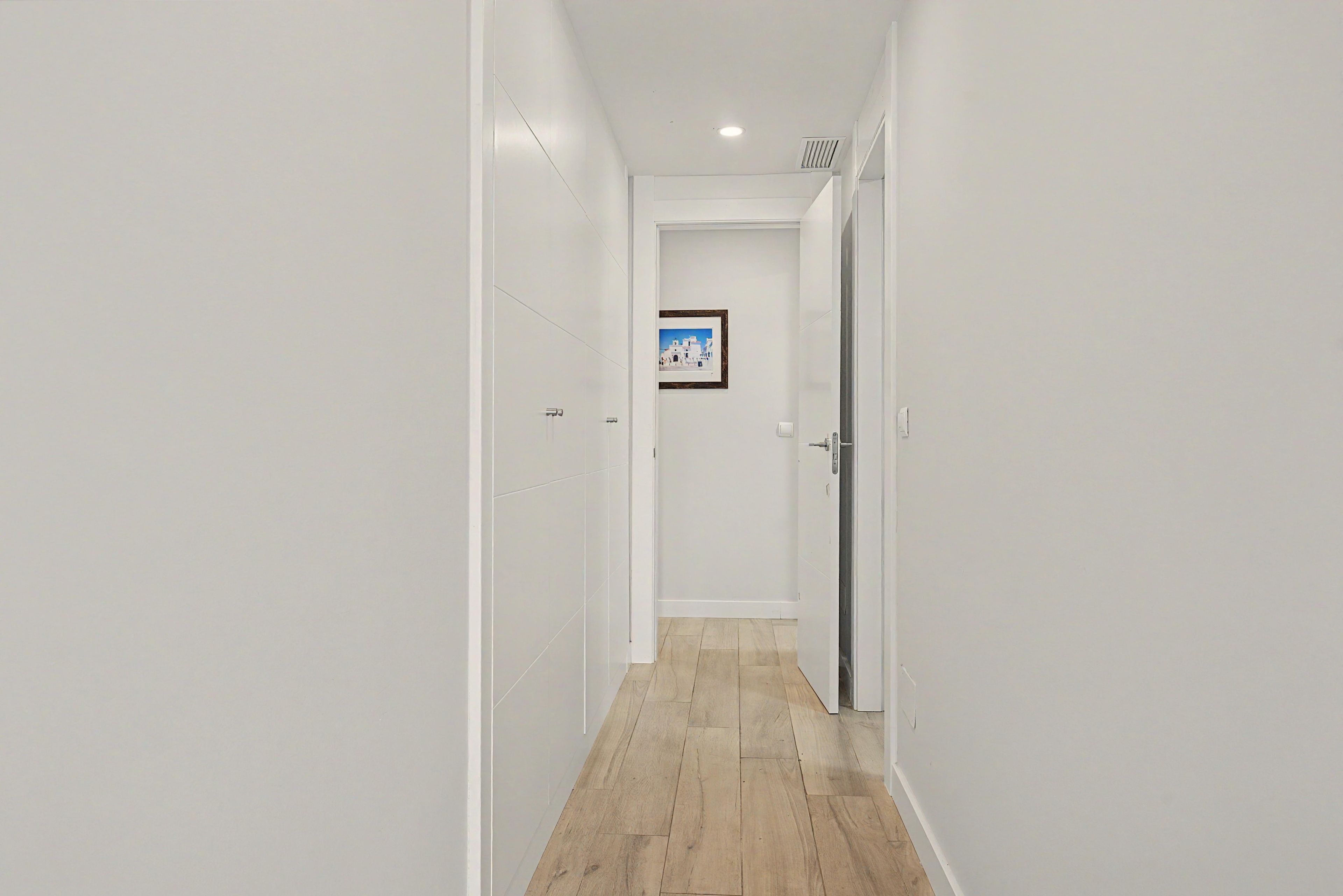 Un corridoio stretto con pareti bianche e pavimento in legno, che conduce a una porta con un quadro incorniciato appeso al muro.