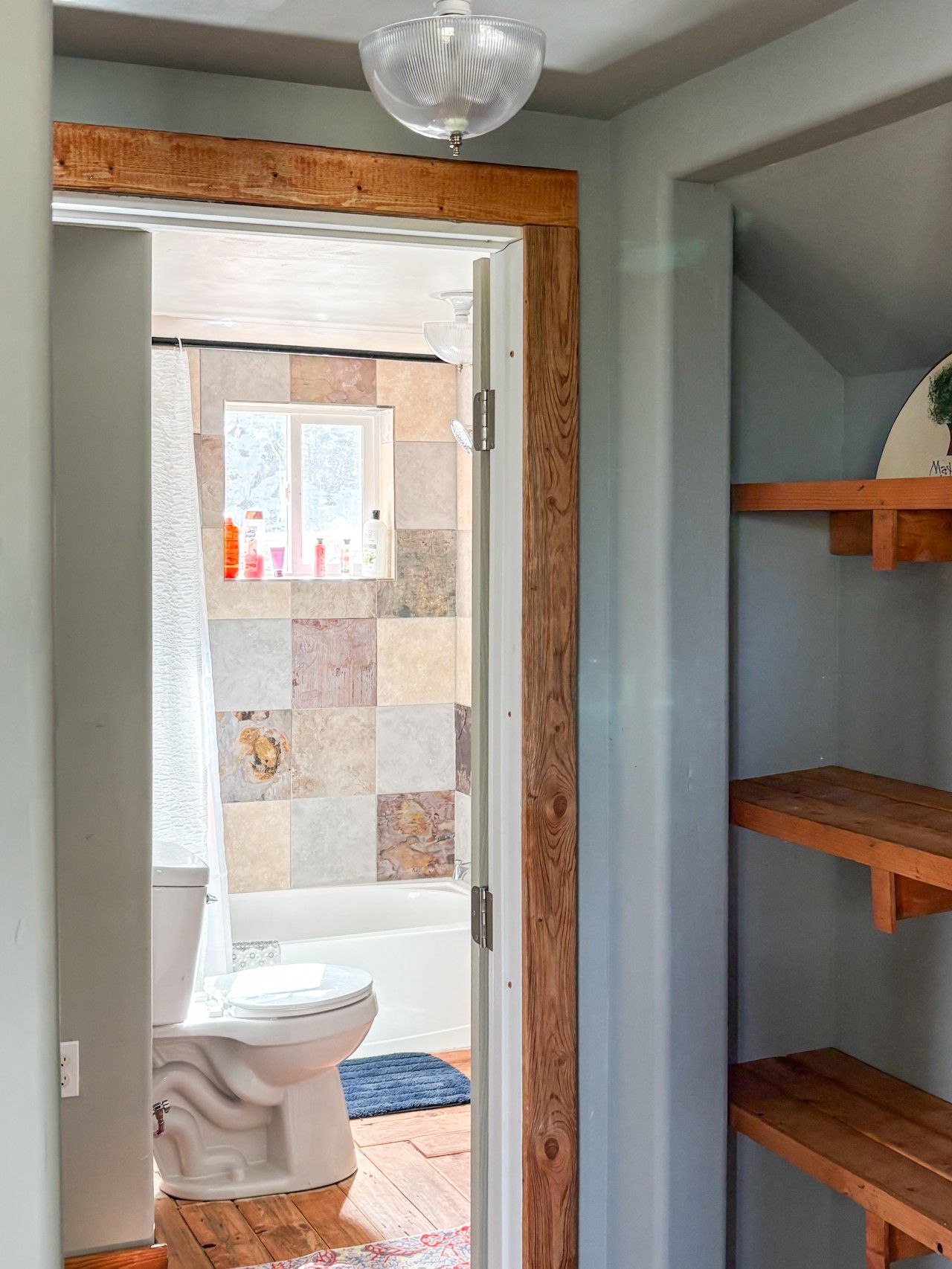 A bathroom with a toilet, a shower, and a shelf with toiletries.