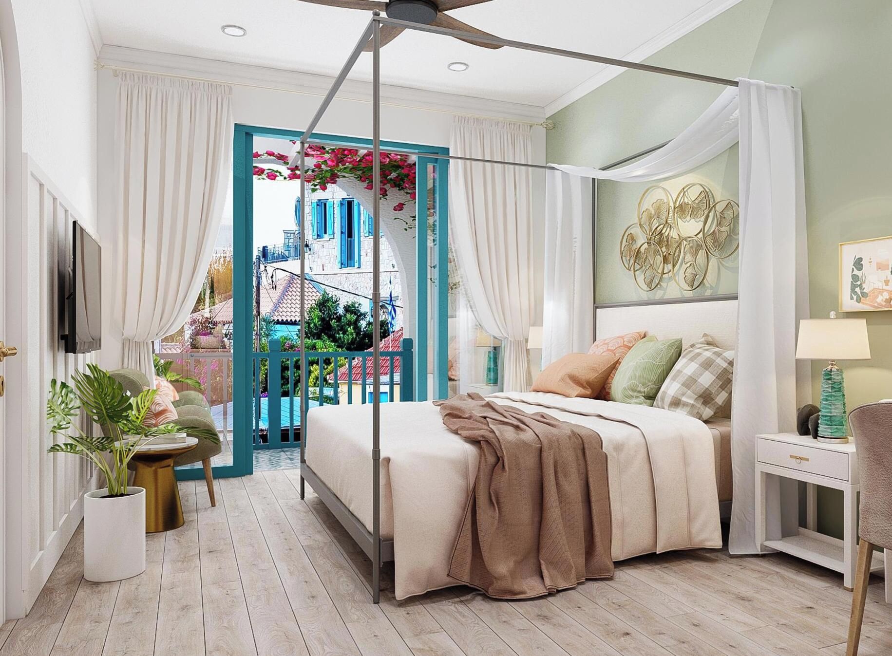 A bedroom with a four-poster bed, a view of a balcony with flowers, and a ceiling fan.