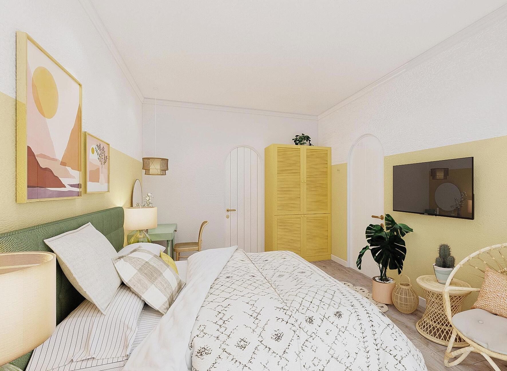 Un dormitorio con cama, mesita de noche, lámpara, silla, armario, televisor y planta en maceta.