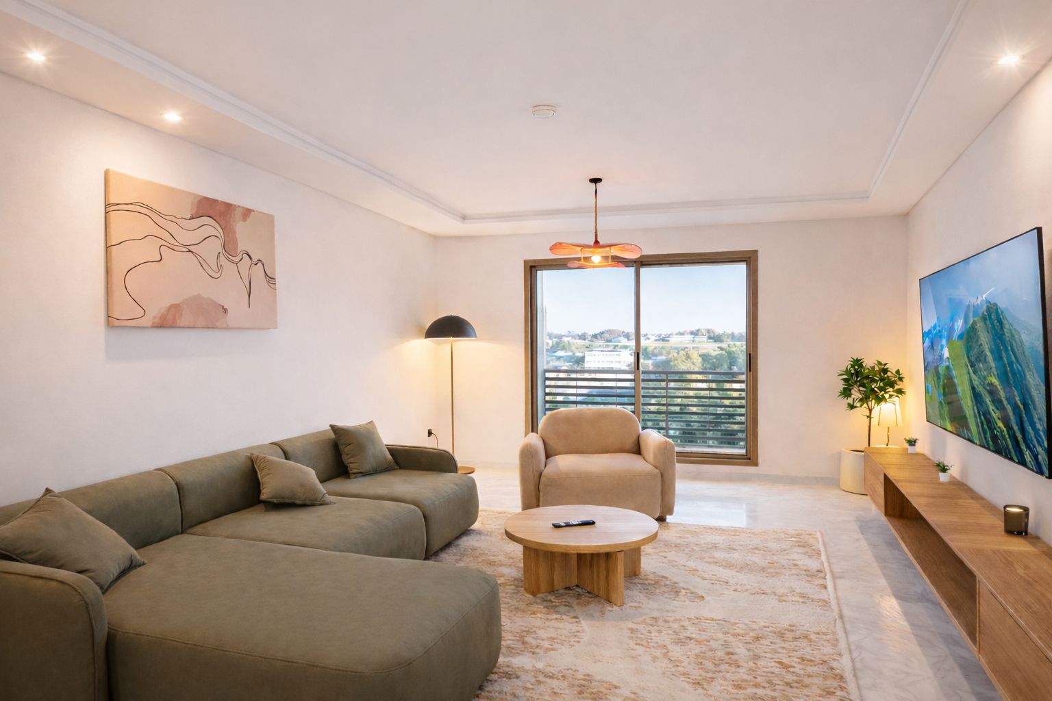 Un salon moderne avec un canapé d’angle, une table basse ronde, un fauteuil, une lampe sur pied, un téléviseur et une grande fenêtre donnant sur la ville.