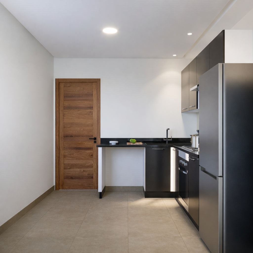 Une cuisine de taille réduite avec une porte en bois, un plan de travail noir et un réfrigérateur en acier inoxydable.