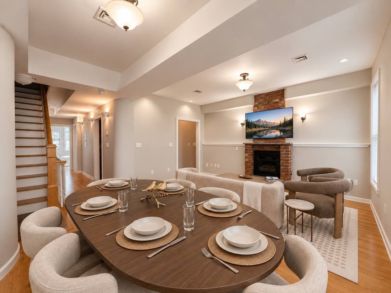 Un coin repas avec une table ronde dressée pour six personnes, entourée de chaises rembourrées. On aperçoit au fond une cheminée surmontée d’un téléviseur.