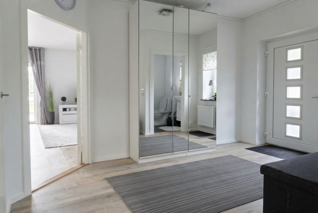 Un interior moderno con separador de vidrio, piso de madera y puerta con paneles de vidrio esmerilado.