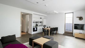 A modern apartment with a living area, kitchenette, dining space, and a TV.