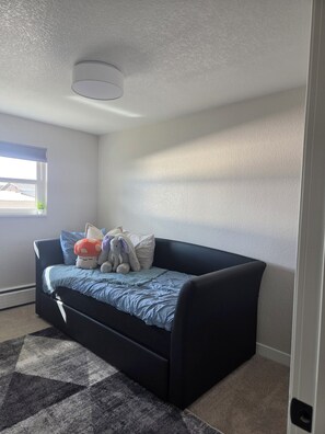 Ein Zimmer mit einer schwarzen Couch, einem gemusterten Teppich, einem Fenster mit Jalousien und einer Deckenleuchte.