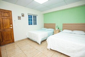 Een slaapkamer met twee bedden, een houten deur, een raam en een groene wand.