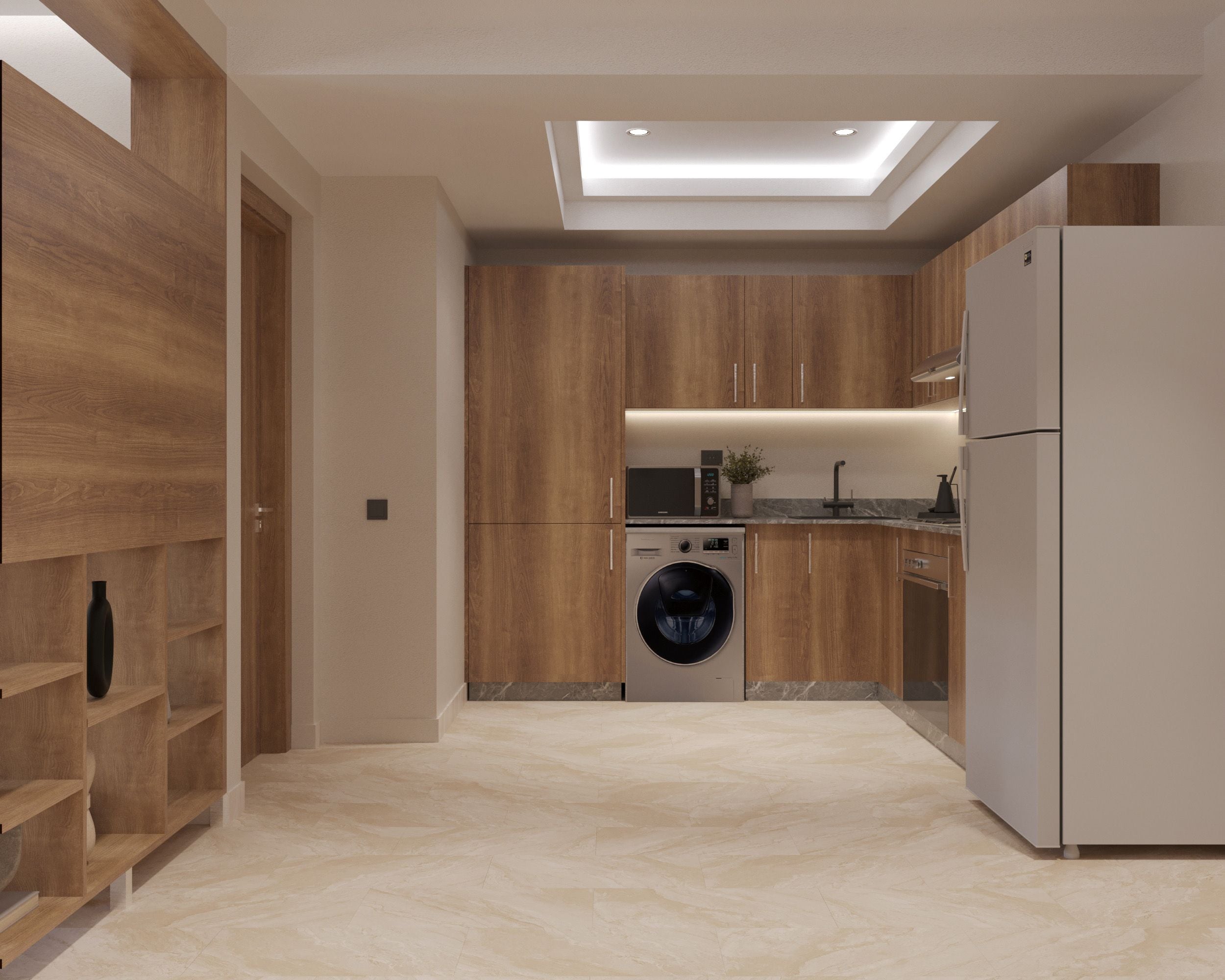 Una cocina moderna con armarios de madera, lavadora integrada y refrigerador.
