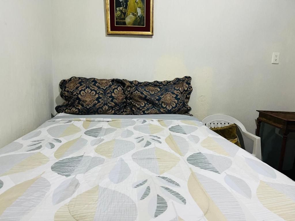 A single bed with a patterned bedspread and two decorative pillows.