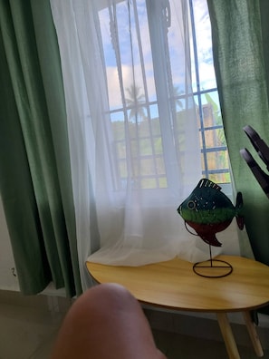A room with a window, a table with a fish decoration, and green curtains.