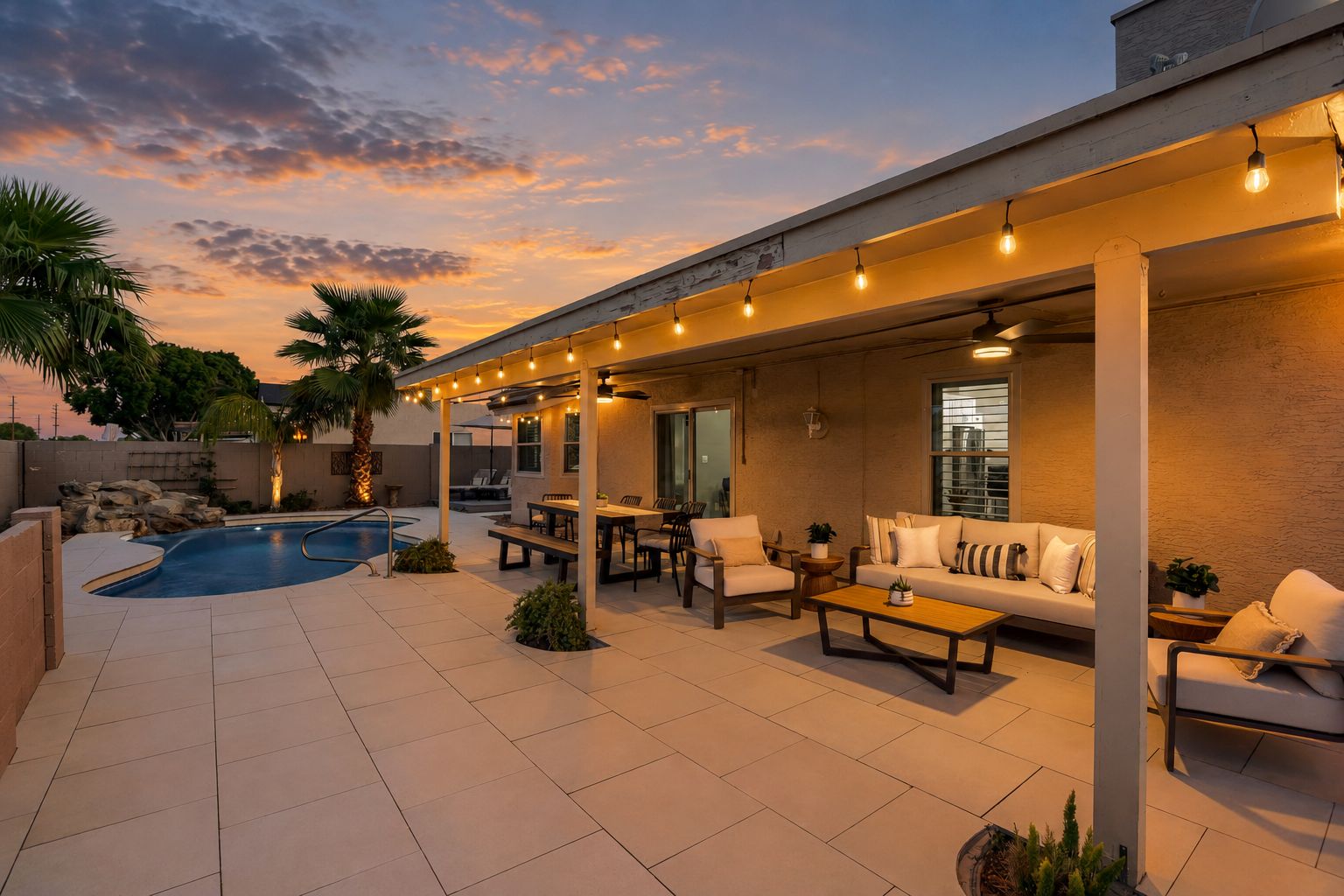 A covered outdoor patio with a pool, seating area, and string lights.