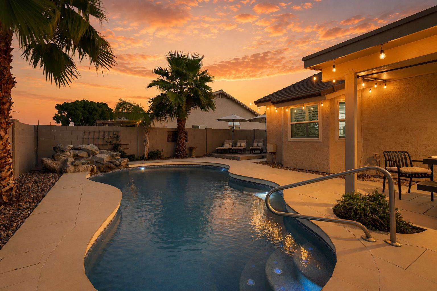 A swimming pool with a curved edge, surrounded by a patio area with outdoor furniture and a palm tree.