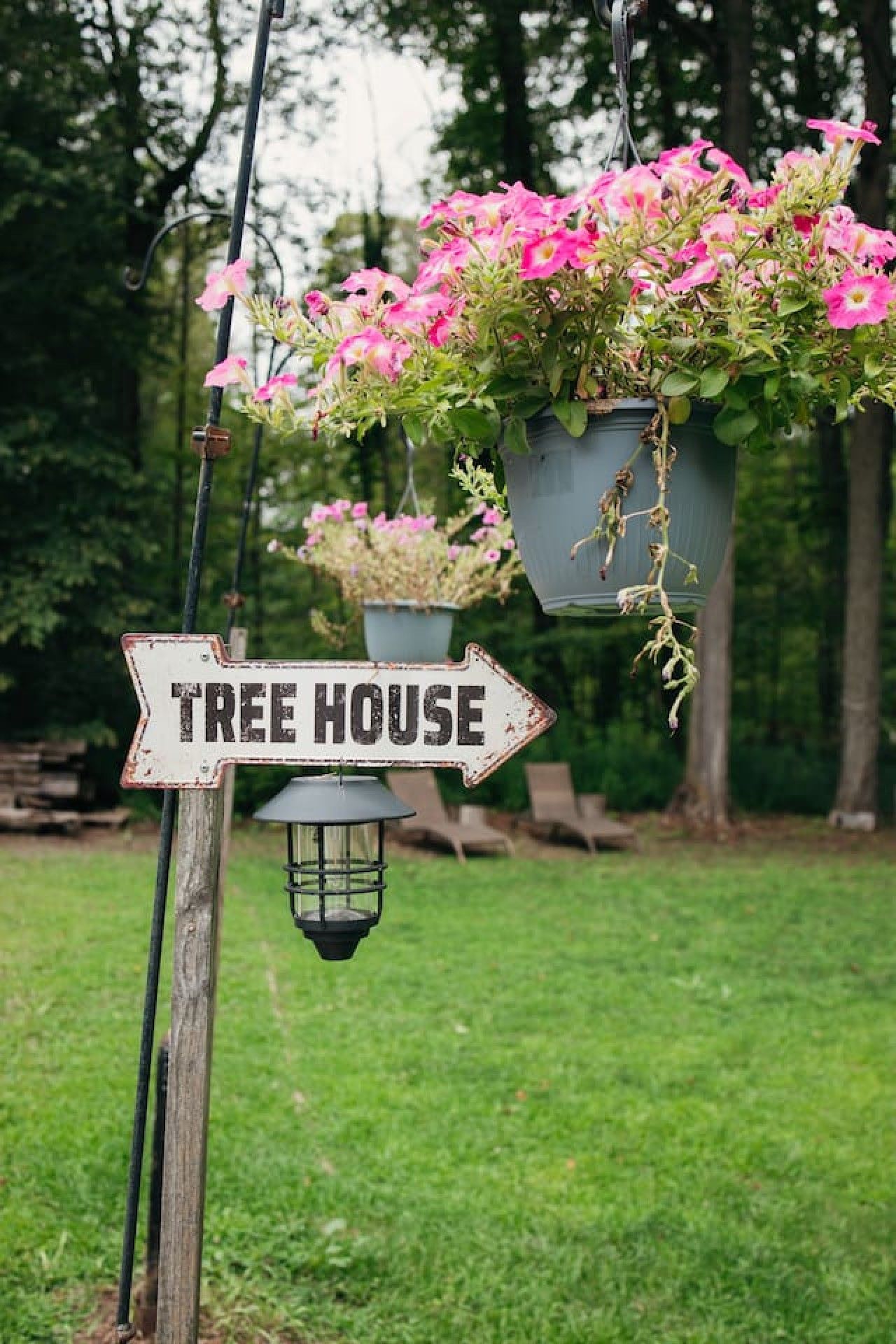 A directional sign labeled 'TREE HOUSE' with hanging flower pots and a lantern.