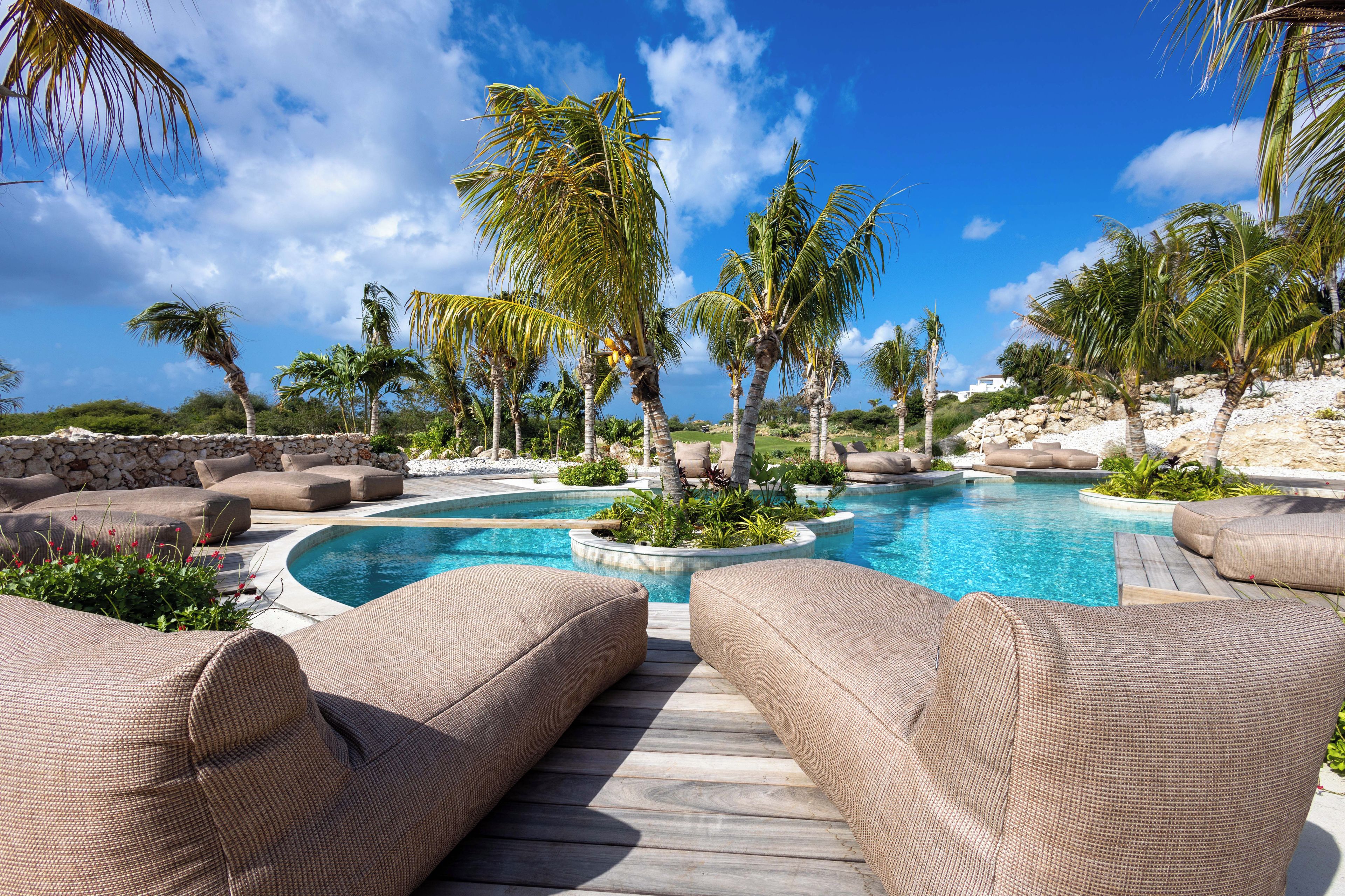 Un espace piscine avec des chaises longues et des palmiers.