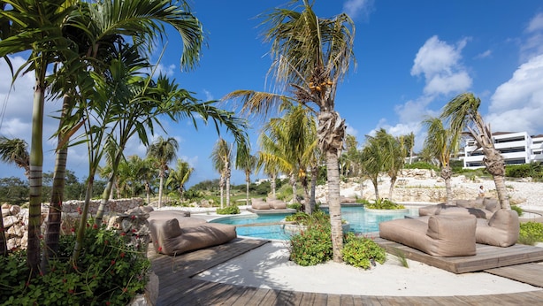 Un área junto a la piscina con palmeras, una terraza de madera y sillones de descanso.