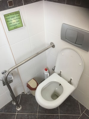 A bathroom with a toilet, a handrail, a trash bin, and a sign instructing to throw only toilet paper down the loo.