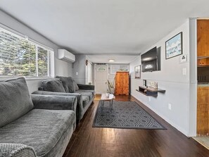 Un salon moderne avec un canapé gris, un meuble en bois et un tapis à motifs.