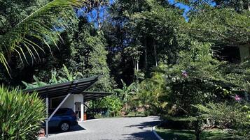 A gravel driveway leading to a covered car parking area with a building in the background.
