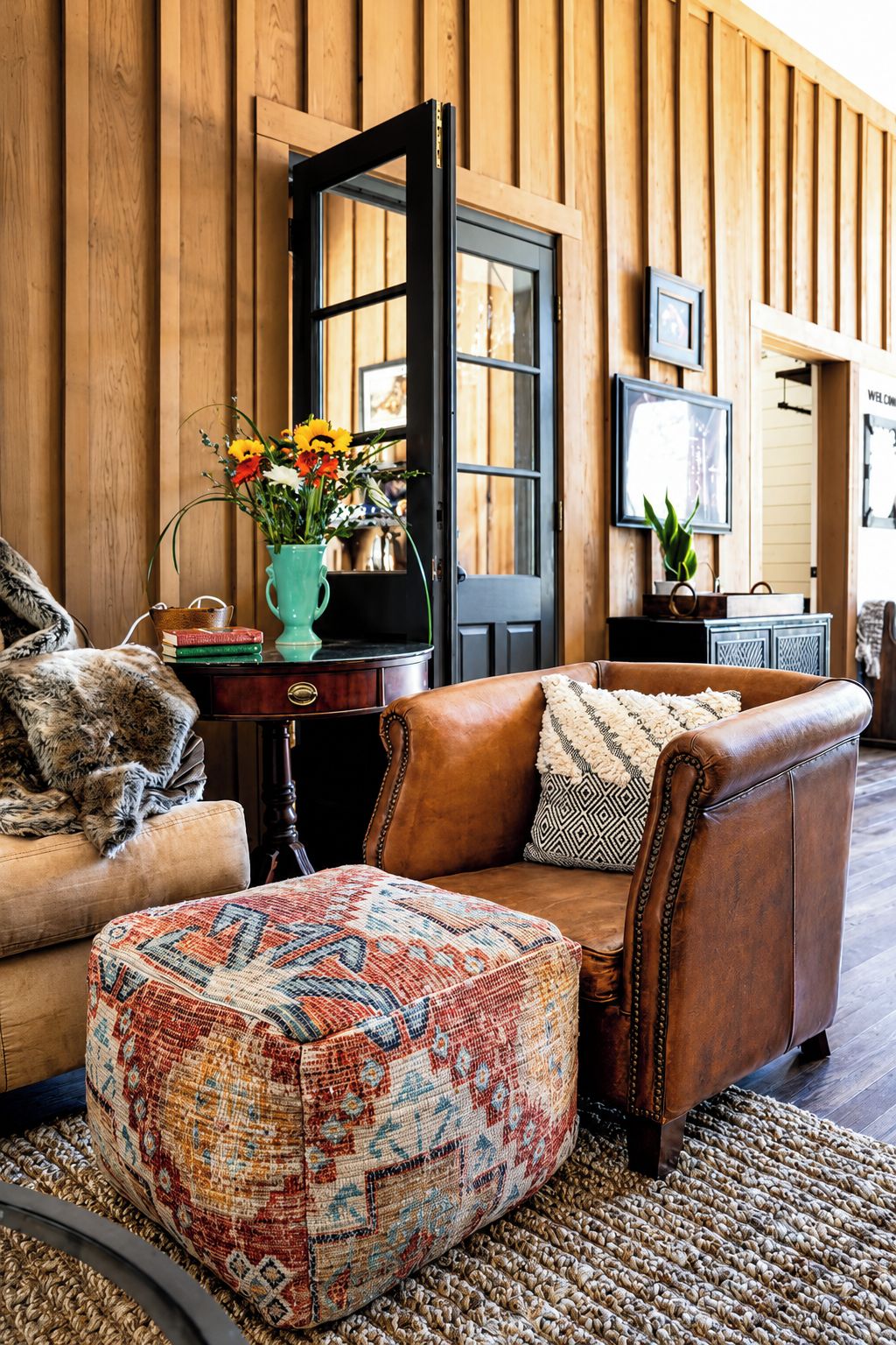 Un salón acogedor con un sofá de cuero, un reposapiés estampado, una puerta de madera y un jarrón con flores.