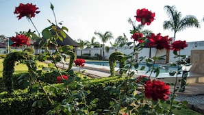 Área de piscina com flores vermelhas e um gazebo.