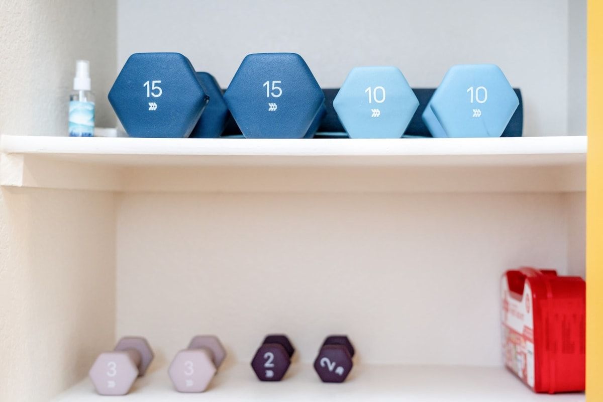 A shelf with weight plates and dumbbells.