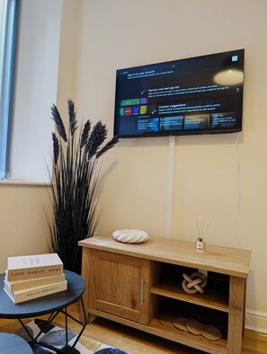 Une pièce avec un téléviseur fixé au mur, un meuble en bois surmonté d’un coussin blanc, une petite table avec des livres et une grande plante.